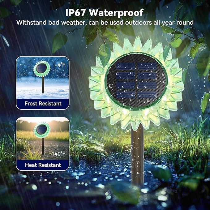 Hogni 4PK Solar Garden Lights, Ground Stake/Hang 2 in 1 Solar Sunflowers Outdoor Waterproof IP67, Outdoor Decor for Pathway Walkway Landscape Backyard Fence Decoration