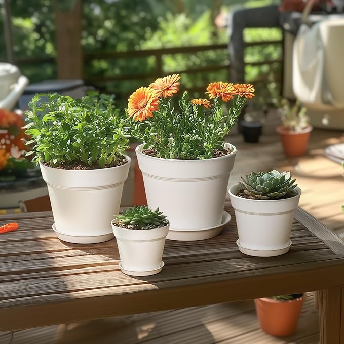 T4U 7.5 Inch Plant Pots 6 Pcs, Flower Pots for Plants, Plastic Planter Pots for Indoor Plants with Drainage Holes and Saucer (6 Pcs, 7.5", White)
