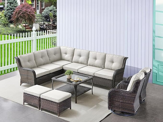 HUMMUH 9 Piece Patio Furniture PE Wikcer Outdoor Furniture Set with Sectional Sofa Swivel Patio Chairs Ottomans and Glass Coffee Table for Yard,Garden,Lawn