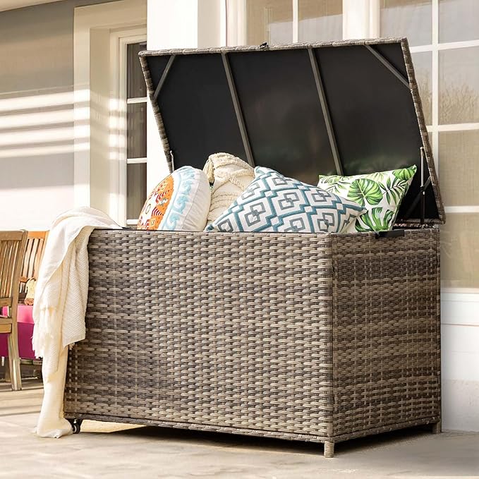 178 Gallon Outdoor Storage Box, Patio Deck Box with 2 Wheels, Handle Large Portable Wicker Rattan Deck Box for Patio Furniture Cushions, Throw Pillows, Garden Tools and Pool Floats (Gray)