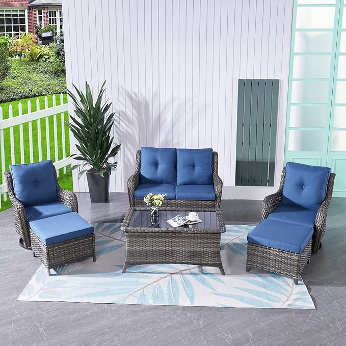 HUMMUH 6 Pieces Outdoor Patio Furniture Set Wicker Swivel Patio Chairs with Ottomans 2 Seater Outdoor Sectional Sofa/Patio Loveseat with Coffee Table