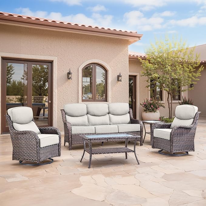 Swivel Patio Chairs sofa Set of 5 with 6" Thick Cushion - Wicker Outdoor Swivel Rocker Patio Chair ,Sofa/Glass coffee table, High Back Comfortable Outdoor Glider Chairs - Brown Wicker | Beige Cushions