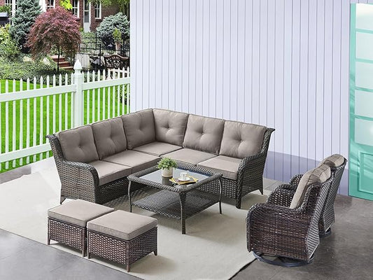 HUMMUH 8 Piece Patio Furniture PE Wikcer Outdoor Furniture Set with Sectional Sofa Swivel Patio Chairs Ottomans and Glass Coffee Table for Yard,Garden,Lawn