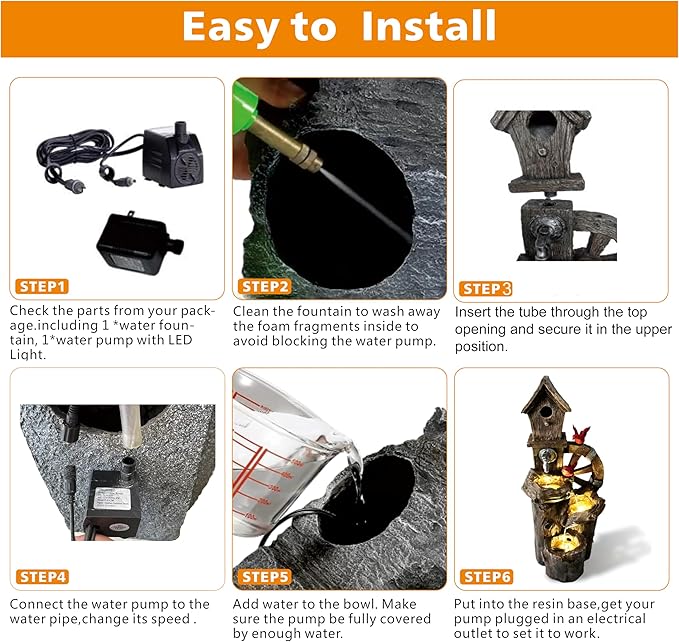 Decorative Garden Birdhouse Three Tier Water Fountain Outdoor with LED Lights and Water Wheel