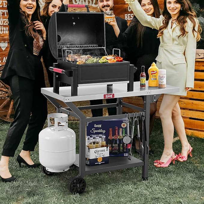 Outdoor Grill Table, 40’’x20’’ Movable Pizza Oven Table with Wheels, Stainless Steel Countertop Grill Cart with Storage Shelf & Foldable Extension, 6 Extra Hooks,for BBQ Food Prep