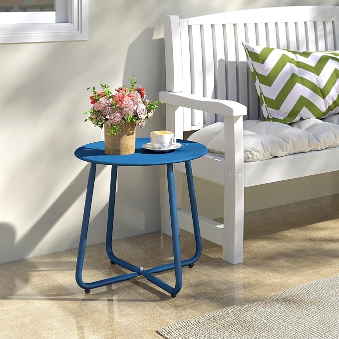 HollyHOME Round Metal Side Table, Rust-Resistant Patio Small Plant Stand, Outdoor 17.32'' Portable End Table for Balconies, Gardens, Living Rooms and Bedrooms, Navy Blue