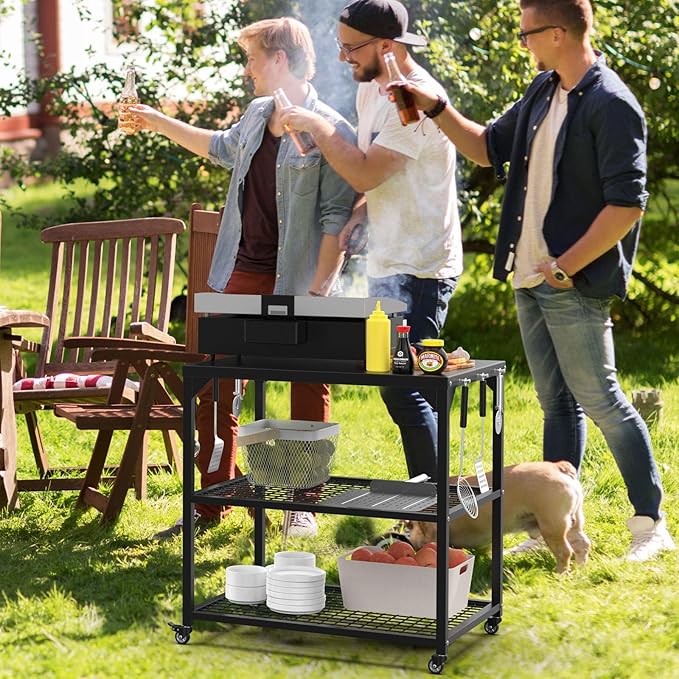 Stainless Steel Pizza Oven Table Cart with Wheels, 3-Shelf Outdoor Grill Stand for Ooni, Blackstone, Ninja Woodfire, Cuisinart and Most Grill – Portable Movable Food Prep Cart & Topping Station