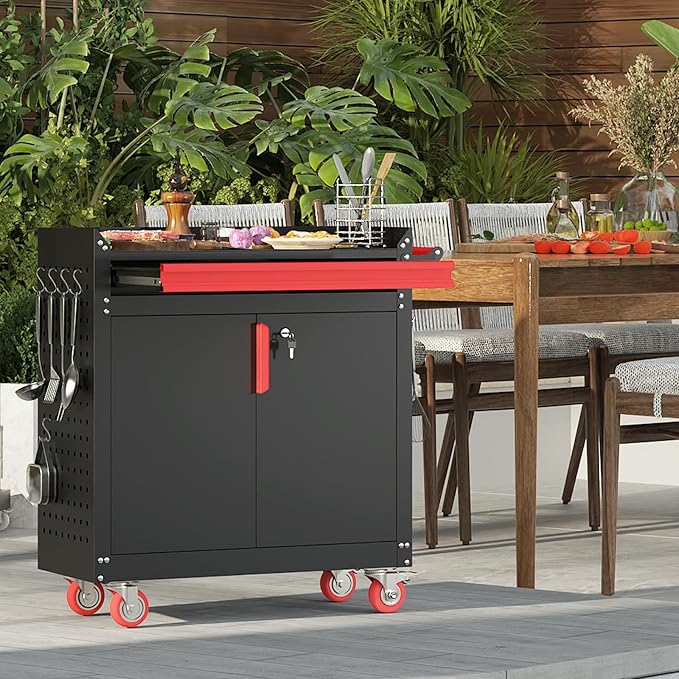 Metal Grill Cart - Outdoor Grill Cart with Storage,Grill Table with Wheels,Outdoor Bar Cart with Adjustable Shelf for Kitchen Prep and Patio BBQ