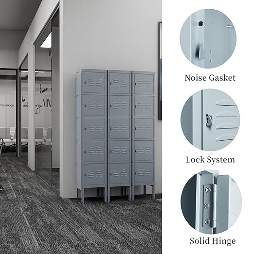 Yizosh Metal Locker with 5 Doors, Tall Steel Storage Lockers for Employees - 5 Tier Locker Storage Cabinets for School, Gym, Home, Office, Garage