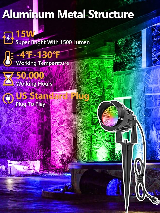 ZUCKEO 15W Christmas Outdoor Spot Lights RGB Color Changing Landscape Lights, 120V Waterproof LED Spotlight with Remote & Plug for Yard Garden Path House Halloween Decorations (1Pack)