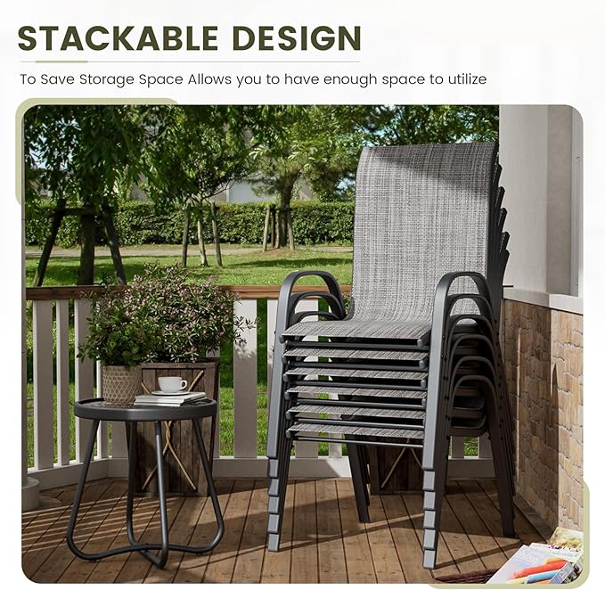 UDPATIO Patio Chairs Set of 6, Stackable Outdoor Dining Chairs with High Back, Breathable Textilene Fabric Outdoor Chair All Weather, 350LBS Capacity for Garden, Backyard (Light Grey)