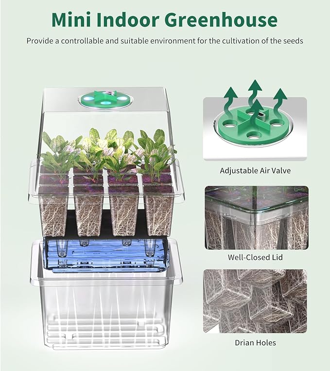 Seed Starter Tray, 60-Cells Seedling Starter Trays with Grow Light, Self-Watering Seed Germination Kit for Indoor Gardening Seed Starting (5 Pack, Clear Base)