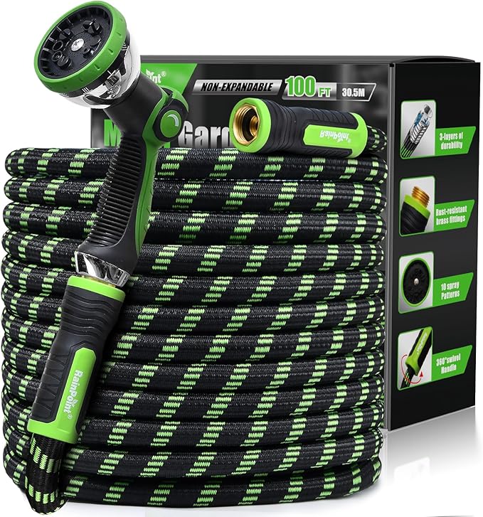 RAINPOINT Metal Garden Hoses for Yard 100 ft - No-kink 304 Water Hose 100ft with 10 mode Nozzle - Brass Connection, Swivel Handle, Flexible Hose,Lightweight, Puncture