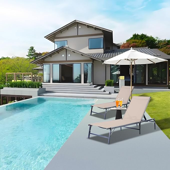 Outdoor Chaise Lounge Chair Set of 2, Foldable & Assemble-Free, 6 Adjustable Positions, Durable Rust-Resistant Frame, Portable Outdoor Pool Lounge Chairs for Pool Patio Beach, Khaki