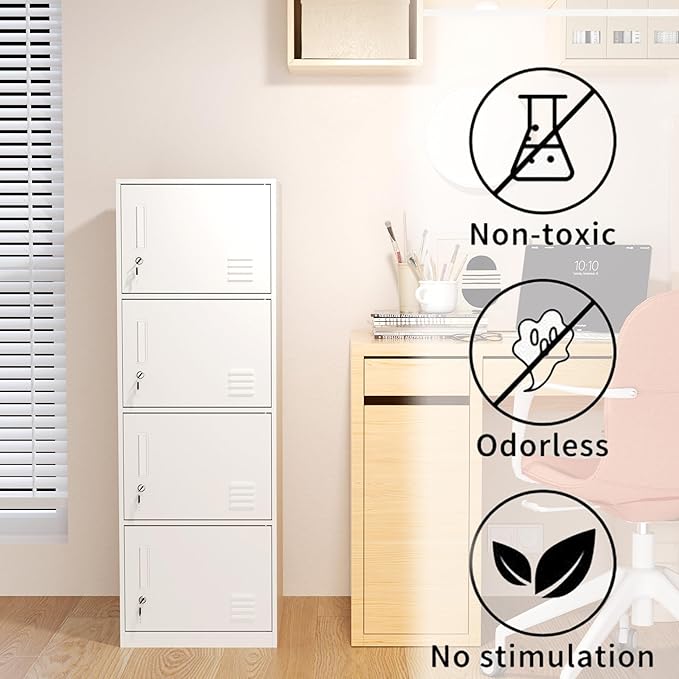 4 Door Metal Storage Locker Cabinet for Office, Home, Gym, School, Steel Cabinet to Storage File, Toys, Shoes and Sports Equipment, Locker Organizer for Gym Office Bedroom (4 Door, White)