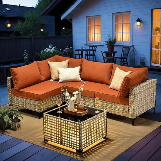 Outdoor Sectional Patio Furniture Set with Glowing Table,5 Pieces Wicker Conversation Sets L Shaped Couch Out Door Sofa Set Outside Furniture for Garden Deck Yard Porch,Orange Red
