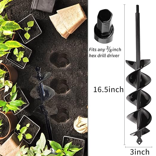 TCBWFY Garden Auger Drill Bit for Planting 3x16.5inch,Total Solid Barrel Extensive Blades,for Planting Flowers Bulbs,Rapid Planter Earth Post Umbrella Hole Digger for 3/8" Hex Drive Drill