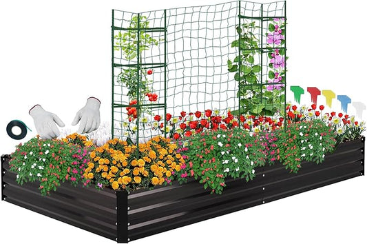 ONCEMORE Galvanized Raised Garden Bed for Vegetables Flowers Herbs, Metal Raised Garden Bed Kit with 2 PCS Tomato Cage, Gloves, Trellis Netting, Plant Labels, Plant Ties, Black 6×3×1FT