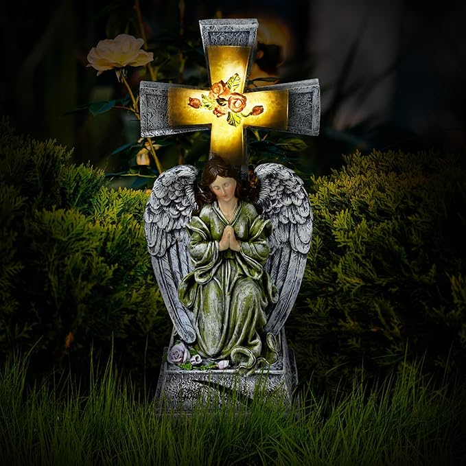 Yiosax-Solar Angels for Cemetery-Garden Statue Lights Decor - Before The Cross on One Knee Wings Praying Angel Figurine Bless You Cemetery Patio Lawn Yard Porch Decorations