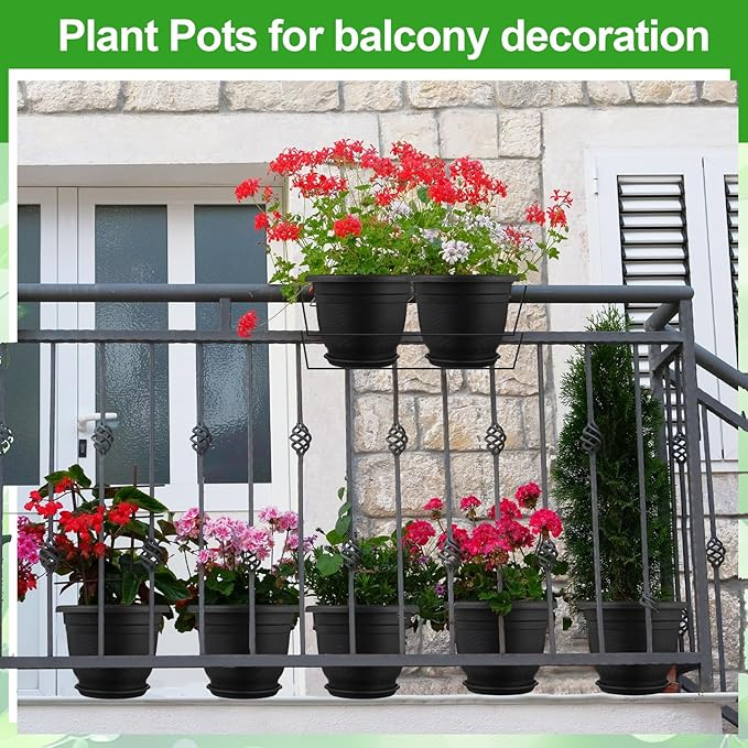 12 Pack 10'' Plastic Plant Pots Round Planter Pots with Saucer Tray Seedling Pot Hole Seed Resin Plant Pot Starting Nursery Flower Container with Pallet for Garden Outdoor Indoor(Black)