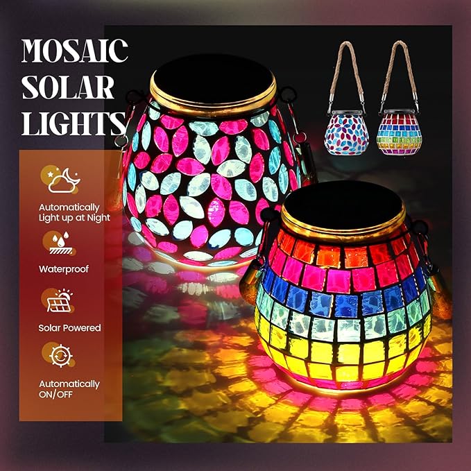 4 Pack Mosaic Solar Lights Outdoor Hanging Lanterns Waterproof Mosaic Lamp Decorative Solar Lanterns Night Lights for Garden, Patio, Yard, Holiday Party Decoration, 4 Pattern