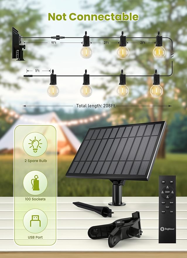 Brightown 208FT Solar String Lights Outdoor Waterproof with Remote, Solar Patio Lights with 100 Shatterproof LED Bulbs, 3 Light Mode, Dimmable & Timer, Hanging String Lights for Porch Garden Bistro