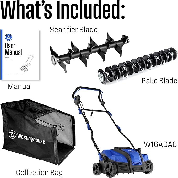 Westinghouse 16-Inch 15 Amp 2-in-1 Corded Electric Dethatcher and Aerator with 14.5 Gallon Thatch Collection Bag, 5-Position Depth Adjustment and 3-Position Angle Settings