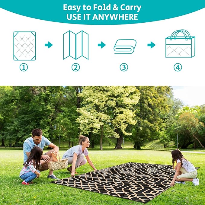 HEBE Outdoor Rug Waterproof 9x12, Reversible Plastic Straw Rug RV Camping Rug, Indoor Outdoor Patio Mat Clearance, Outside Carpet for Porch,Deck,Camper,Balcony,Backyard,Picnic
