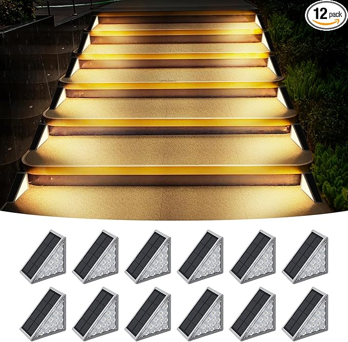 Solar Stair Lights Outdoor, 12 Pack Outdoor Solar Lights Waterproof IP67, Solar Step Lights for Outside, Patio, Decor, Yard, Garden, Front Door, Porch (Warm White)