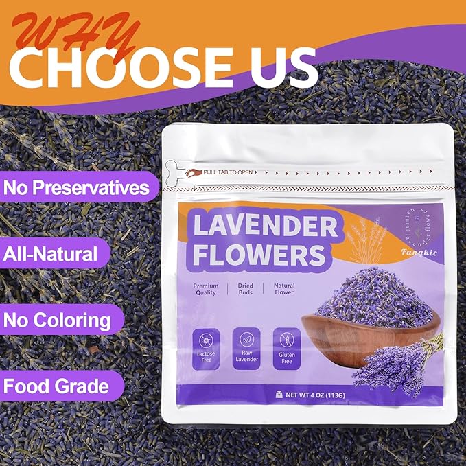 Dried Culinary Lavender Flowers - Food Grade Lavender Buds(4 oz), for Tea, Baking, Potpourri, Home Fragrance & Sachets, Edible Flowers - Gluten Free
