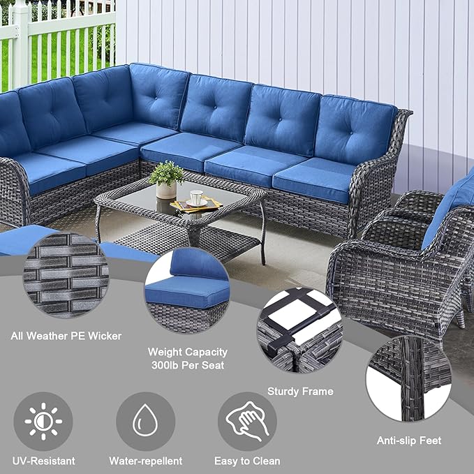 HUMMUH 9 Piece Patio Furniture PE Wikcer Outdoor Furniture Set with Sectional Sofa Swivel Patio Chairs Ottomans and Glass Coffee Table for Yard,Garden,Lawn