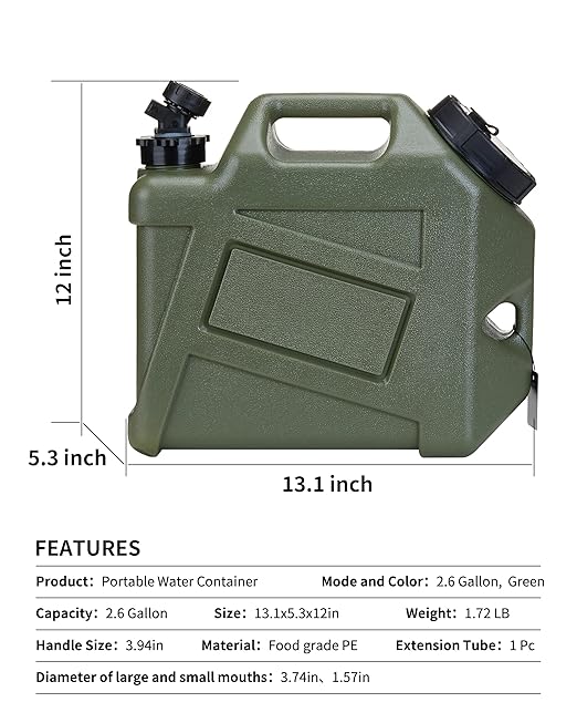 UPWOIGH Camping Water Container, 2.6 Gallon Small(13.1x12x5.3in) Water Containers Jug, Truly No Leakage Water Storage, Green Water Tank,BPA Free Portable Emergency Water Can for Camping, Hiking