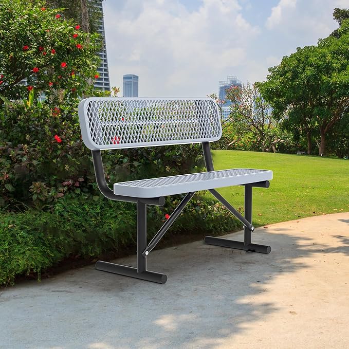 Heavy Duty Park Bench with Back Portable Frame, Outdoor Steel Bench with Backrest, Outdoor Park Bench Expanded Metal Mesh Bench for Lawn, Park, Deck, Garden, Patio, Porch, Black (Gray, 4FT)