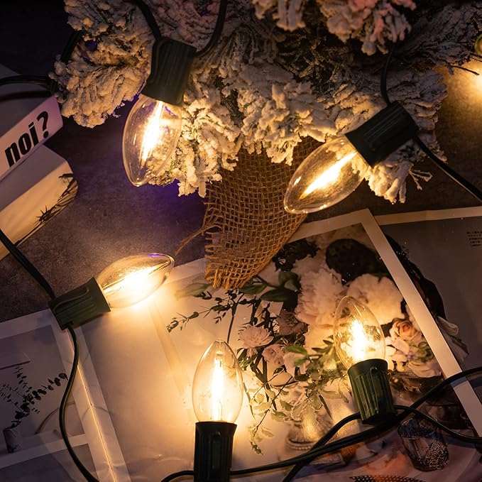 Vintage C9 LED Christmas Lights Outdoor Warm White, 50 Feet C9 String Lights for Christmas Tree Roofline Holiday Party Indoor Outdoor Garden Patio Backyard Cafe Xmas Decoration, Green Wire