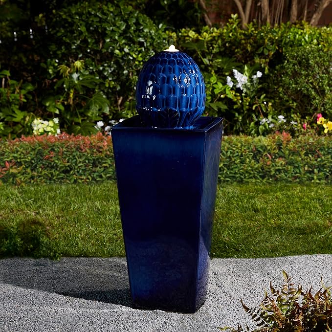 Glitzhome Ceramic Outdoor Water Fountain with LED Light, Oversized Artichoke Pedestal Water Fountains with Submersible Pump, Patio Fountain Waterfall for Garden Patio Deck Porch, Cobalt Blue, 35.75" H