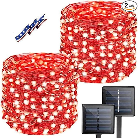 Solar String Lights Outdoor, 2-Pack Total 80FT 200 LED Solar Christmas Twinkle Lights Outside Waterproof Copper Wire 8 Modes Solar Fairy Lights for Garden Tree Party Birthday Christmas Decor (Red)
