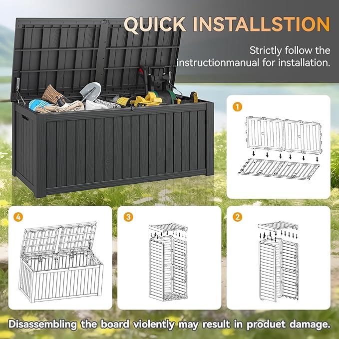 NUNU LAB 180 Gallon Outdoor Storage Box,Large Resin Sturdy Deck Box, Backyard Outside Storage Box Waterproof with Double Wall Panels,Package Delivery Garden Hose Storage Bin Outdoor Tool