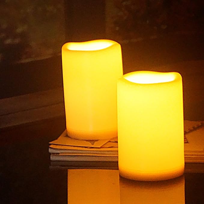 Waterproof Outdoor Flameless Candles with Remote, Set of 2, Large 4” x 6” Battery Operated Electric LED Pillar Candle Set for Home Décor Party Wedding Supplies Garden Christmas Decoration Gift