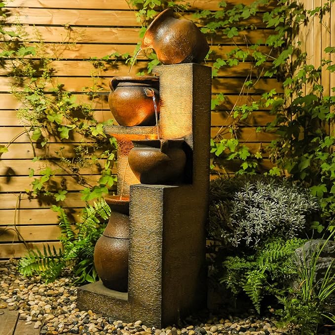 53" H Large Outdoor Water Fountain with Lights - 4 Tiered Cascading Bowls Waterfall Fountain for Garden, Patio, Backyard, Porch Inside - Freestanding Outdoor Water Feature Gold