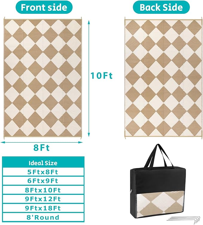 HEBE Outdoor Rug Waterproof 8x10, Plastic Straw Rug Camping Rug, Reversible Outdoor Patio Rugs RV Mat Clearance, Indoor Outside Floor Carpet for Porch,Deck,Camper,Balcony,Backyard