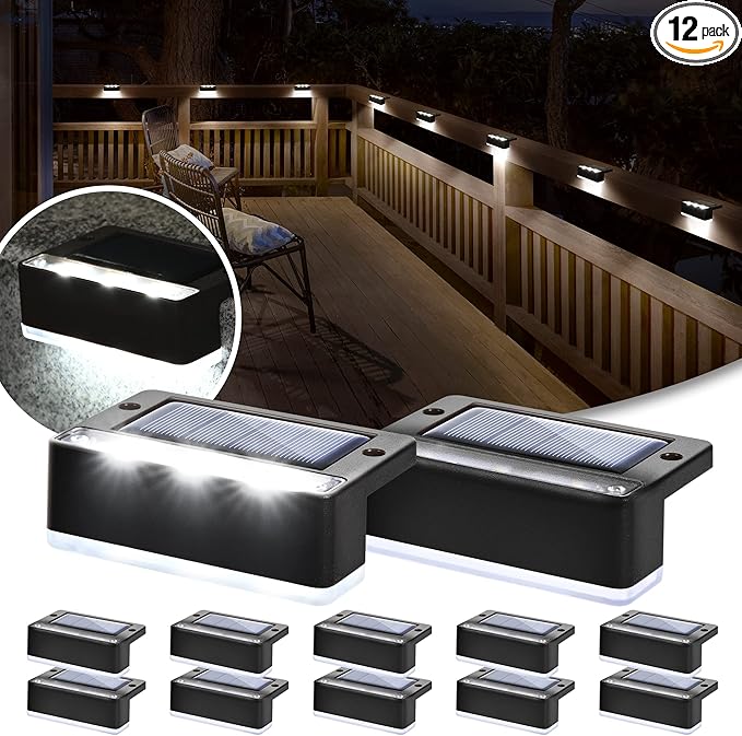 SOLPEX Solar Fence Lights, 6 LEDs Solar Lights Outdoor Waterproof Solar Powered for Deck, Stair, Front Porch, Balcony, Walkway, Garden, Yard, Patio, Pool Decor, IP65 Waterproof (12 Pack, Cold White)