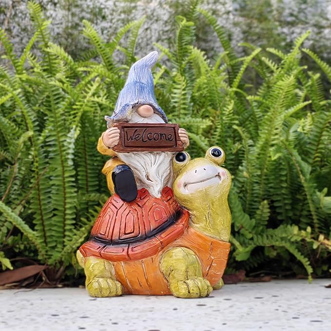 Welcome Solar Gnome Clearance Riding Turtle Statue for Garden Decor - Solar Outdoor Christmas Statue Sculpture Home and Garden Decor for Patio,Yard,Balcony Ornament,Turtle Figurine Light Gifts