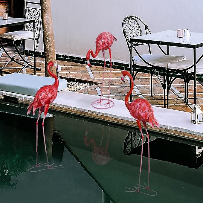 XONOR Metal Flamingo Garden Statues Large Red Flamingo Yard Art Outdoor Sculptures for Home Patio Lawn Backyard Décor, Set of 3
