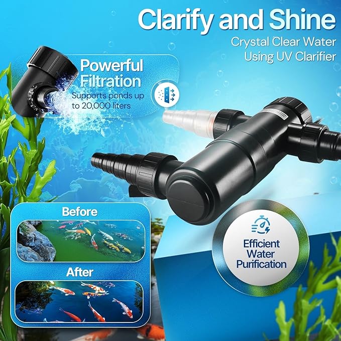 Flexzion Pond UV Lights for Outdoor Ponds - 18W Medium Light, 5283 Gal Capacity, 2500L/H UV Pond Clarifier for Outdoor Ponds, Clears Water in Days (CUV-118)