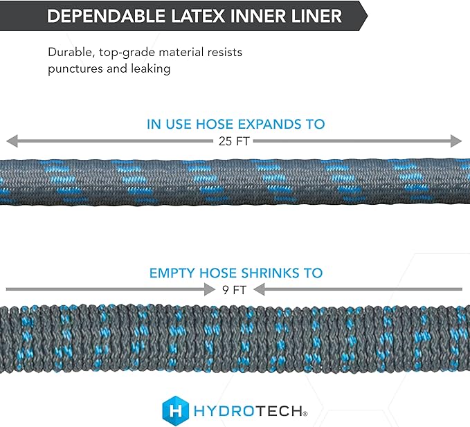 HydroTech 5/8" 25 ft Expandable Garden Hose - Flexible, Lightweight, Durable and Burst-Proof Hose with Reinforced Latex Core and Solid Brass Fittings - Great for Lawn Care, Garden, and Car Washing