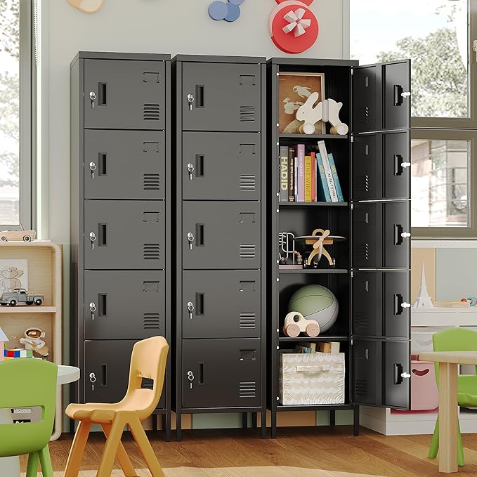 METAN Metal Storage Employees Locker with 5 Lockable Doors,Locking Storage Cabinets for Small Spaces,Home,School,Gym,Assembly Required,Black