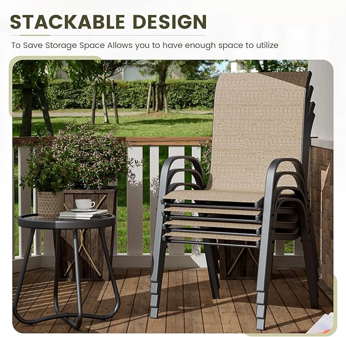 UDPATIO Patio Chairs Set of 8, Stackable Outdoor Dining Chairs with High Back, Breathable Textilene Fabric Outdoor Chair All Weather, 350LBS Capacity for Garden, Backyard (Brown)