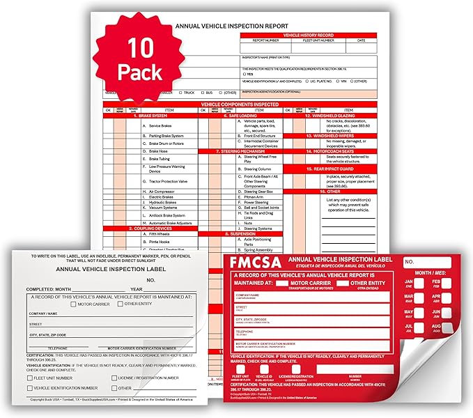 10 Pack 3-Ply Carbonless Annual Vehicle Inspection Report Forms with FMCSA Red Aluminum Labels & White Mylar Laminate Vinyl Labels, DOT Inspection Forms and Stickers, Shrink-Wrapped, 8.5" x 11.75"