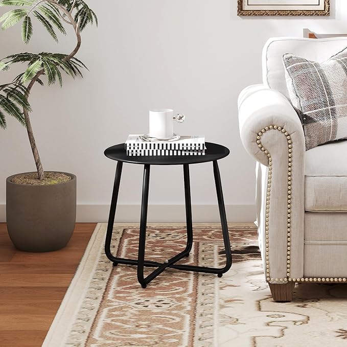 HollyHOME Round Metal Side Table, Rust-Resistant Patio Small Plant Stand, Outdoor 17.32'' Portable End Table for Balconies, Gardens, Living Rooms and Bedrooms, Black