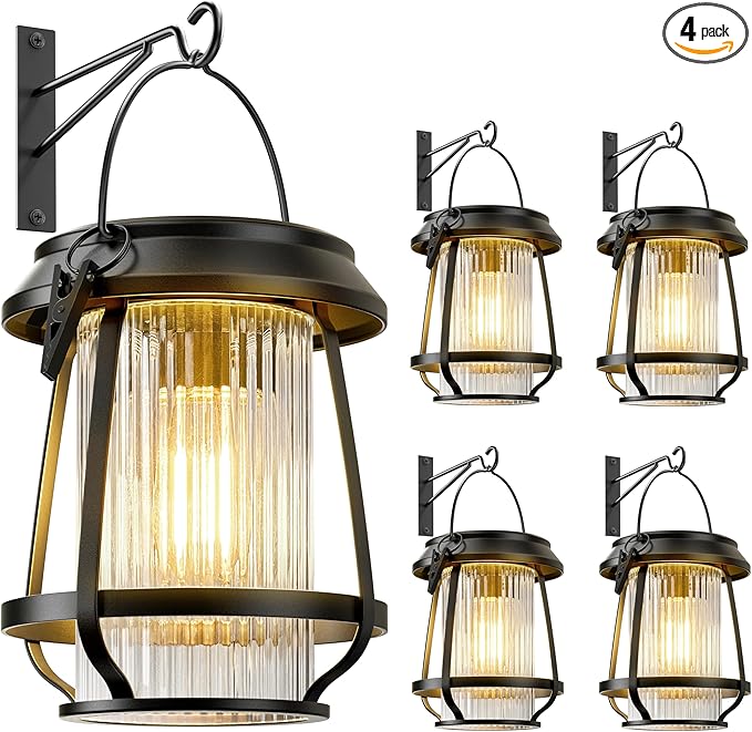 Solar Lanterns Outdoor Waterproof, Metal Hanging Solar Lights Outdoor with Hooks Wall Mount Kit, Solar Powered Lanterns for Garden Porch Patio Fence Decorative 4 Pack (Warm Light)